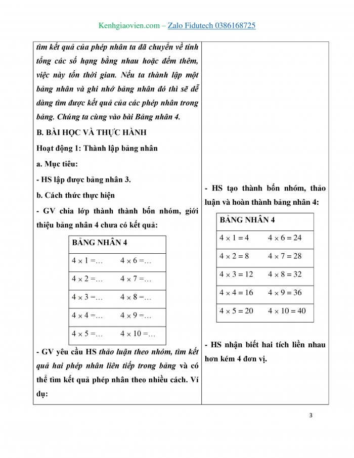 Giáo án và PPT Toán 3 chân trời bài Bảng nhân 4