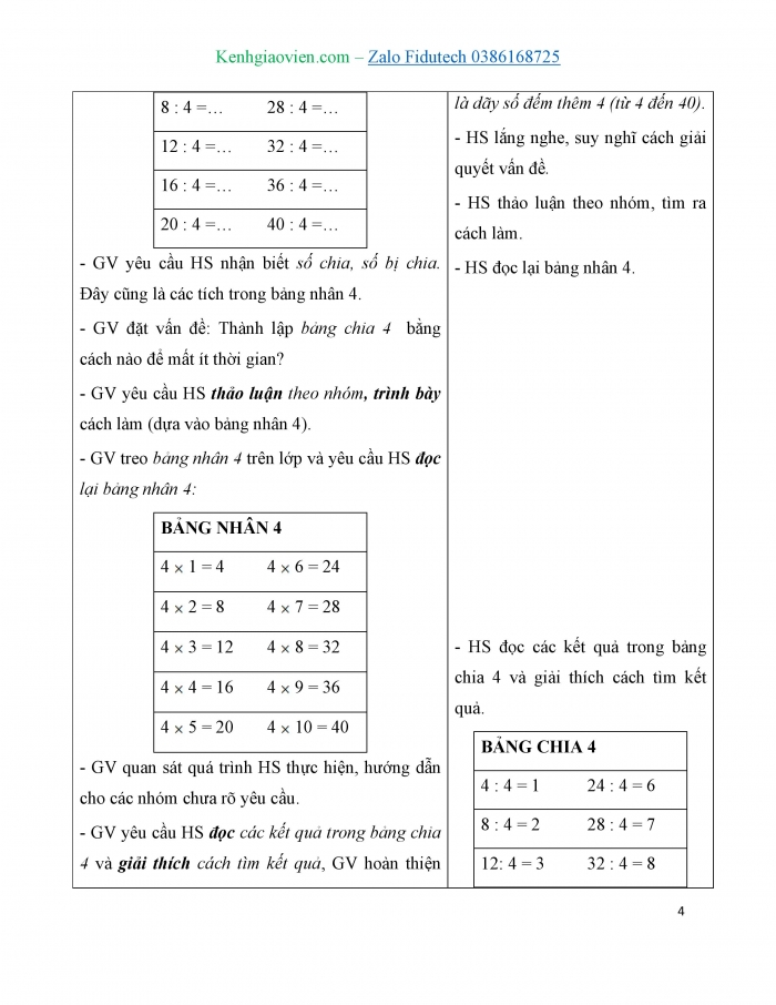 Giáo án và PPT Toán 3 chân trời bài Bảng chia 4