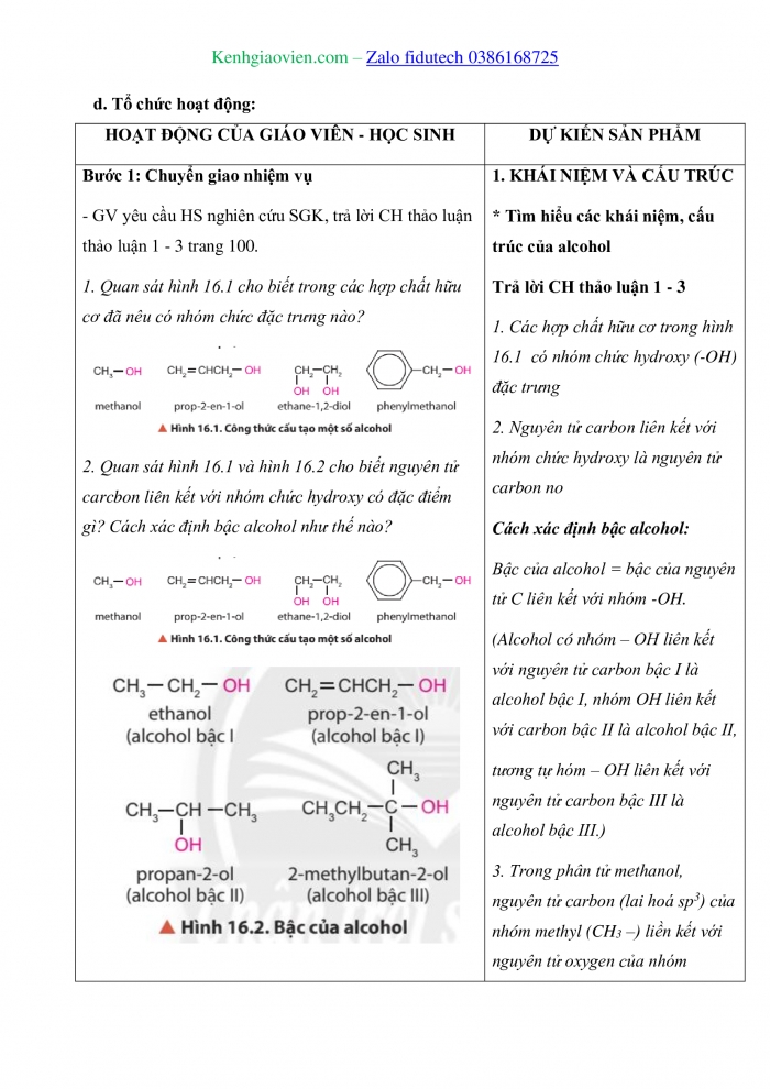 Giáo án và PPT Hoá học 11 chân trời Bài 16: Alcohol