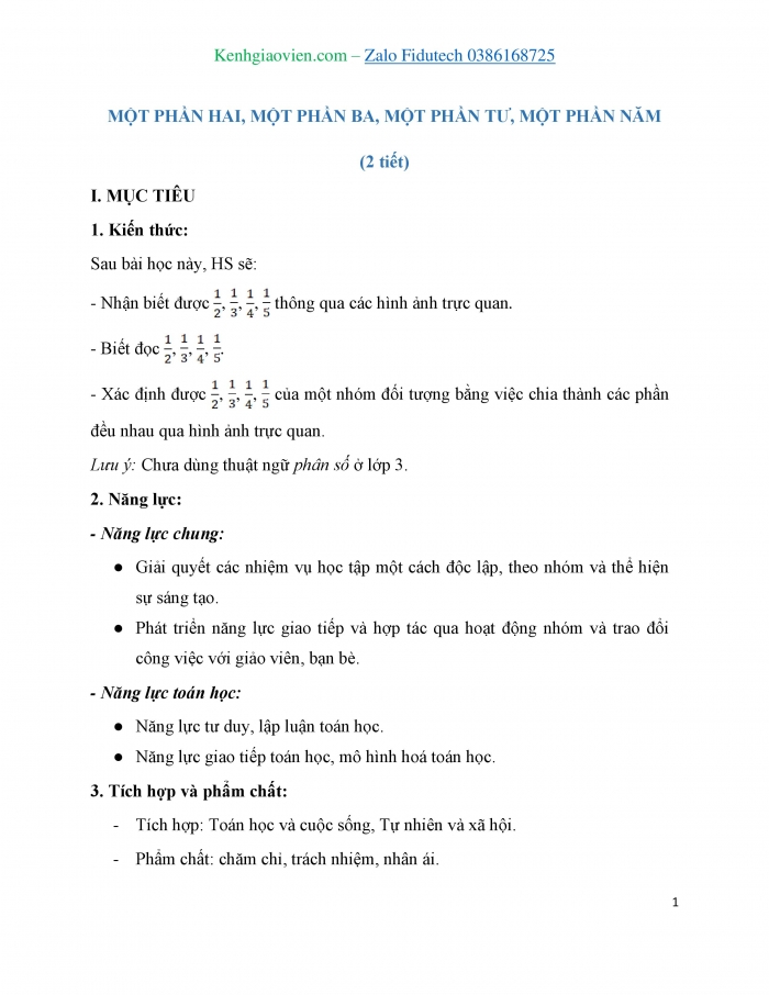 Giáo án và PPT Toán 3 chân trời bài Một phần hai, một phần ba, một phần tư, một phần năm