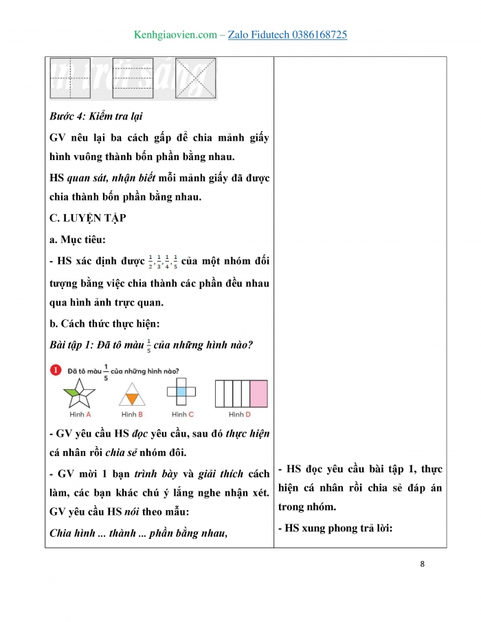 Giáo án và PPT Toán 3 chân trời bài Một phần hai, một phần ba, một phần tư, một phần năm