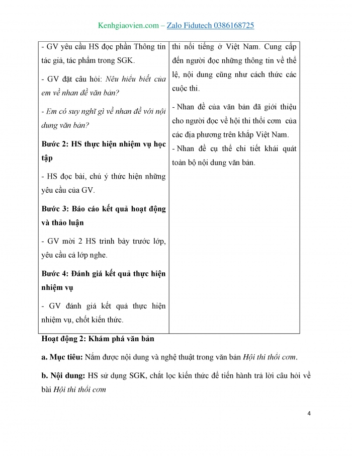 Giáo án và PPT Ngữ văn 7 cánh diều Bài 5: Hội thi thổi cơm (Theo dulichvietnam.org.vn)