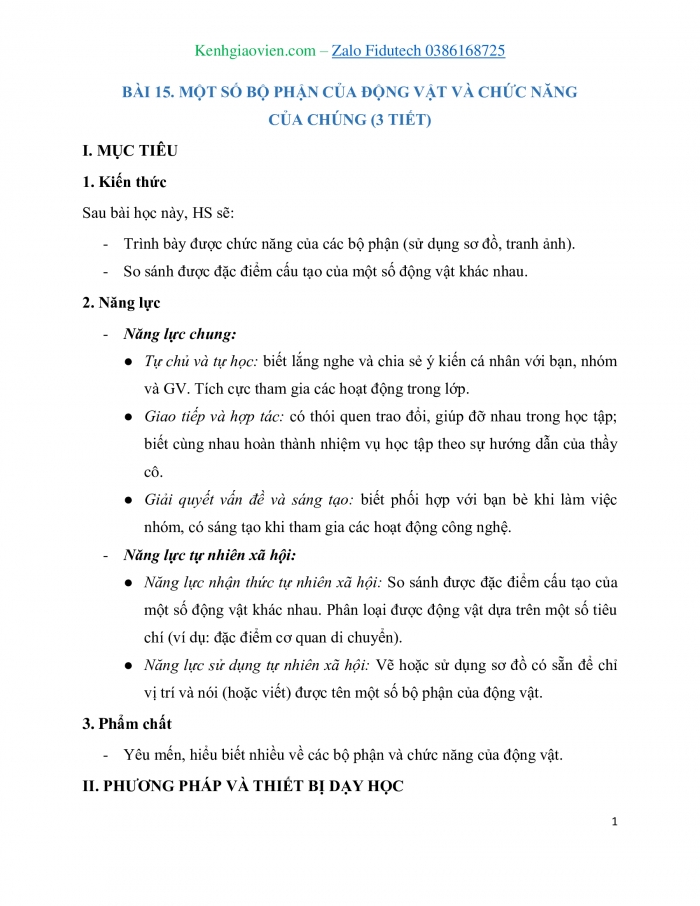 Giáo án và PPT Tự nhiên và Xã hội 3 kết nối Bài 15: Một số bộ phận của động vật và chức năng của chúng