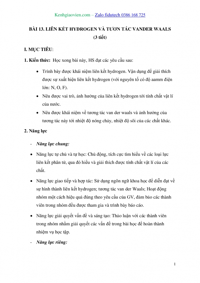 Giáo án và PPT Hoá học 10 kết nối Bài 13: Liên kết hydrogen và tương tác van der Waals