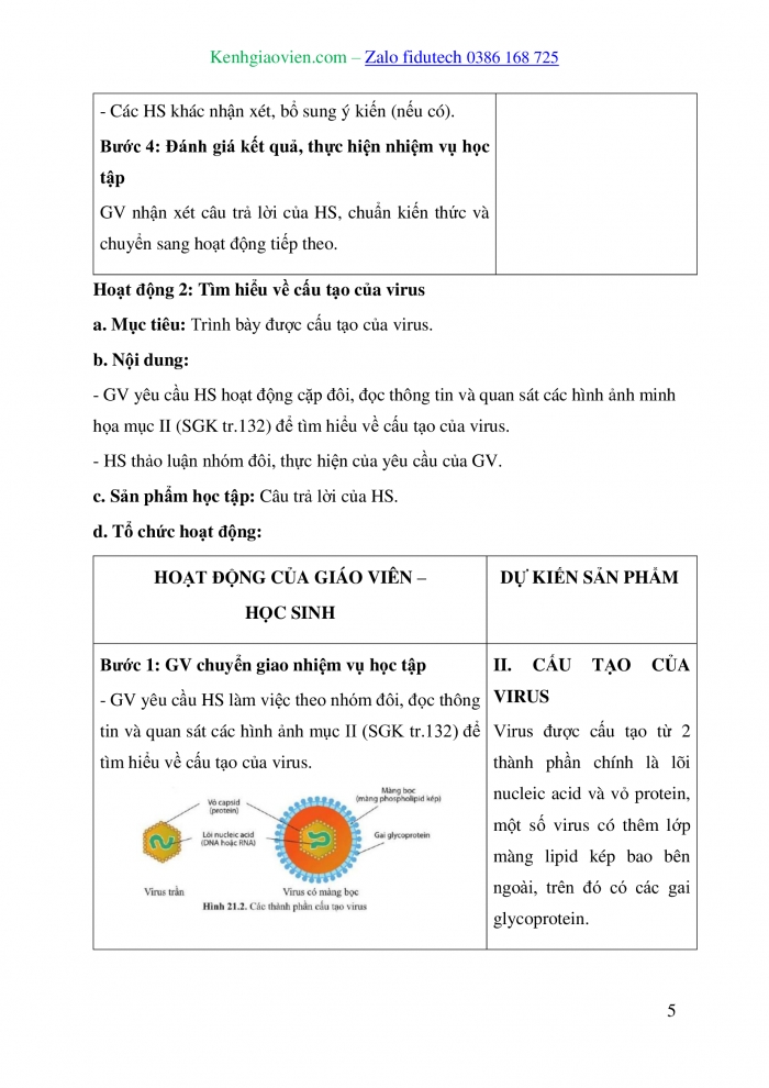 Giáo án và PPT Sinh học 10 cánh diều Bài 21: Khái niệm, cấu tạo và chu trình nhân lên của virus