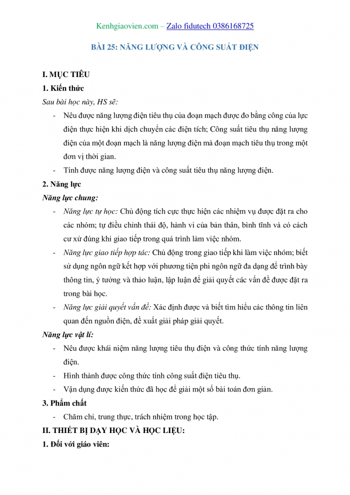 Giáo án và PPT Vật lí 11 kết nối Bài 25: Năng lượng và công suất điện