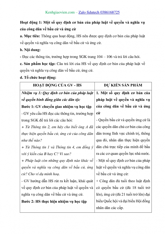 Giáo án và PPT Kinh tế pháp luật 11 chân trời Bài 14: Quyền và nghĩa vụ công dân về bầu cử và ứng cử