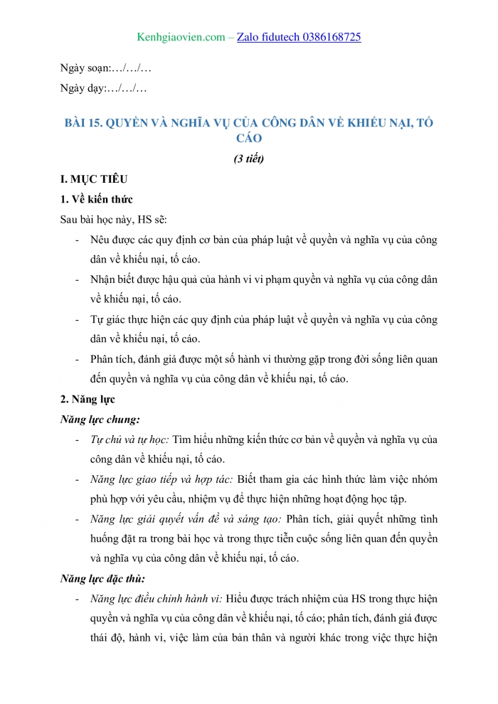 Giáo án và PPT Kinh tế pháp luật 11 kết nối Bài 15: Quyền và nghĩa vụ của công dân về khiếu nại, tố cáo