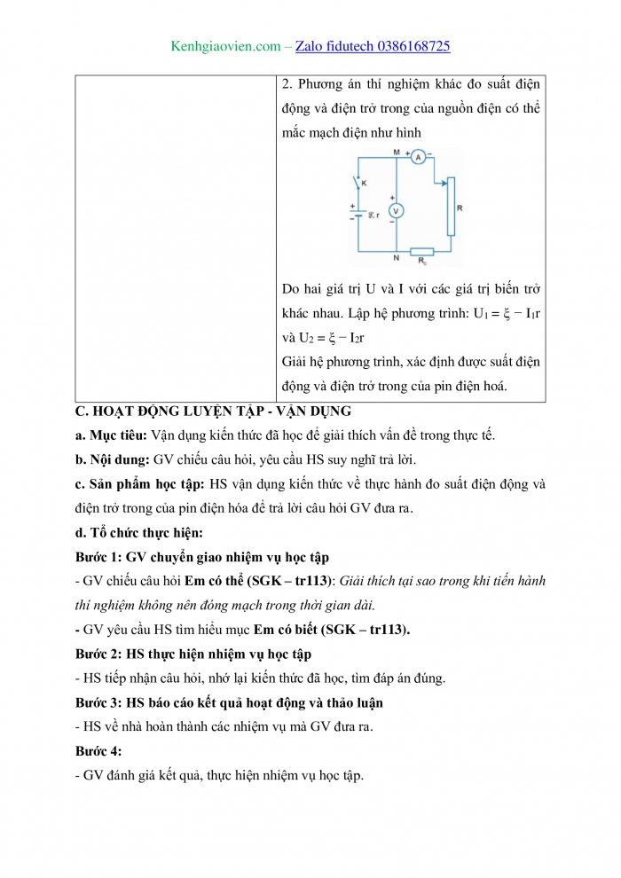 Giáo án và PPT Vật lí 11 kết nối Bài 26: Thực hành Đo suất điện động và điện trở trong của pin điện hoá