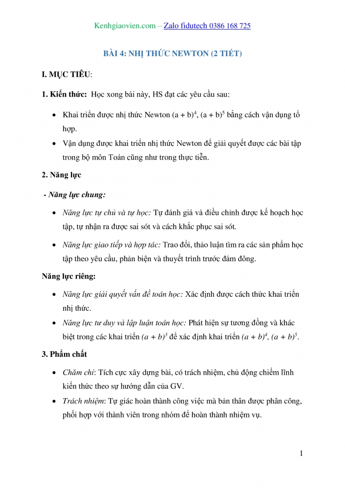 Giáo án và PPT Toán 10 cánh diều Bài 4: Nhị thức Newton