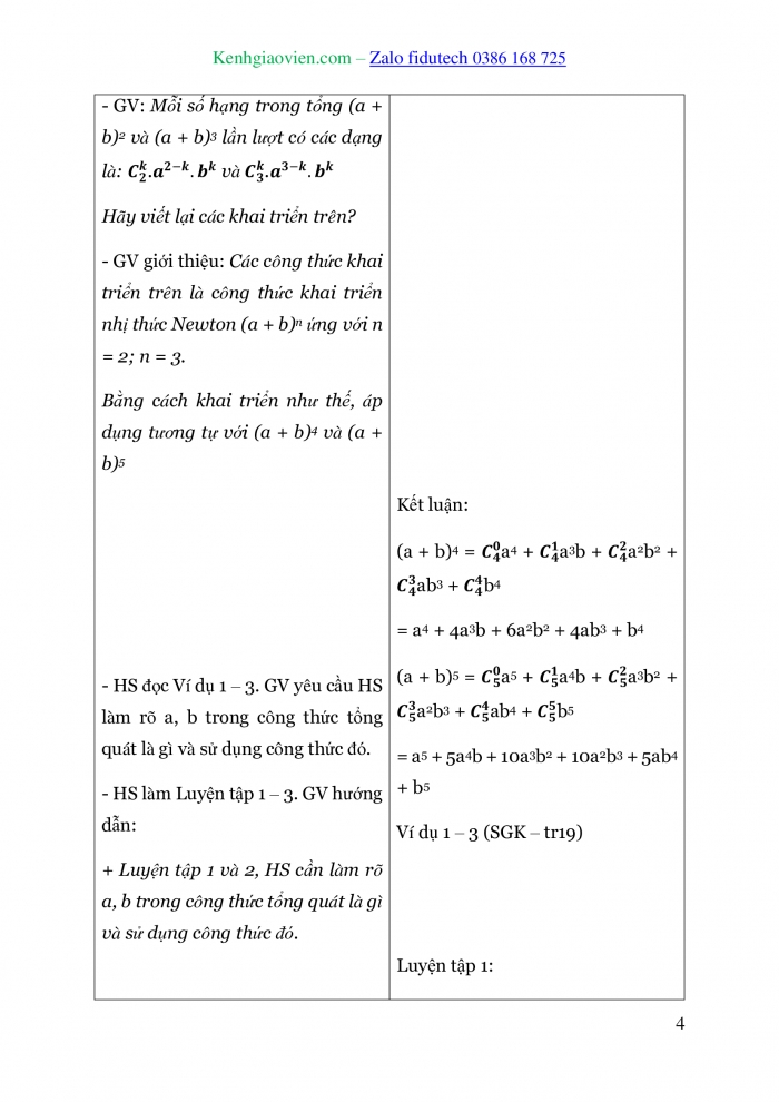 Giáo án và PPT Toán 10 cánh diều Bài 4: Nhị thức Newton