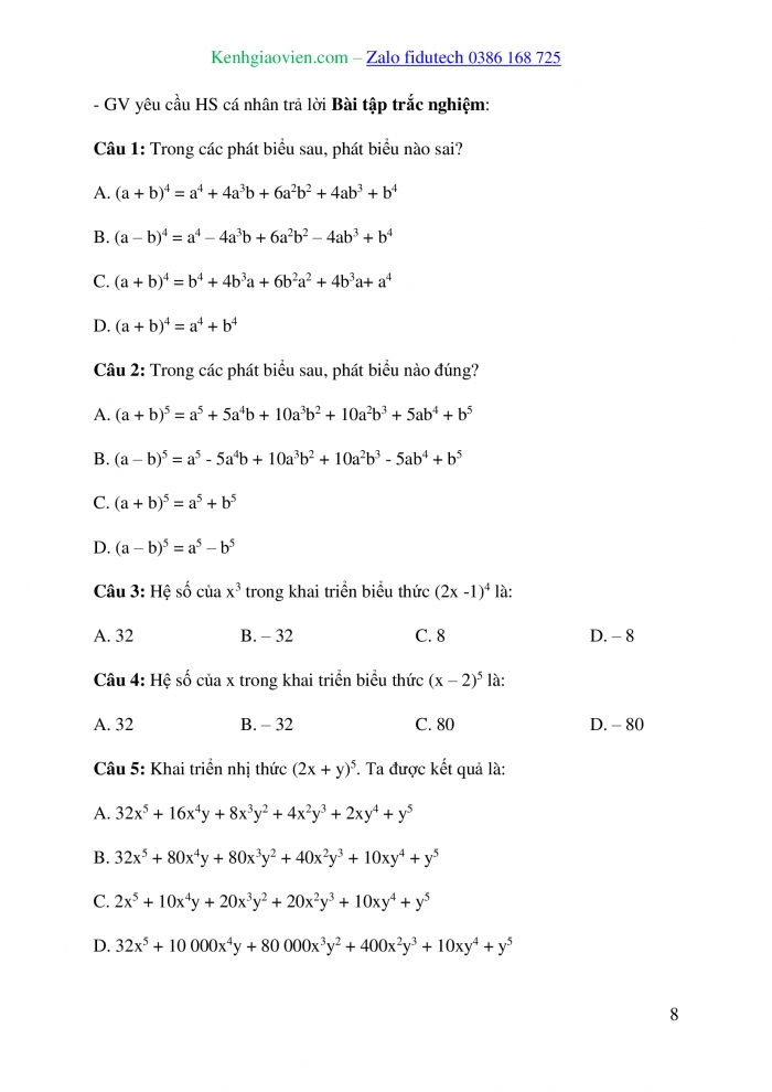 Giáo án và PPT Toán 10 cánh diều Bài 4: Nhị thức Newton