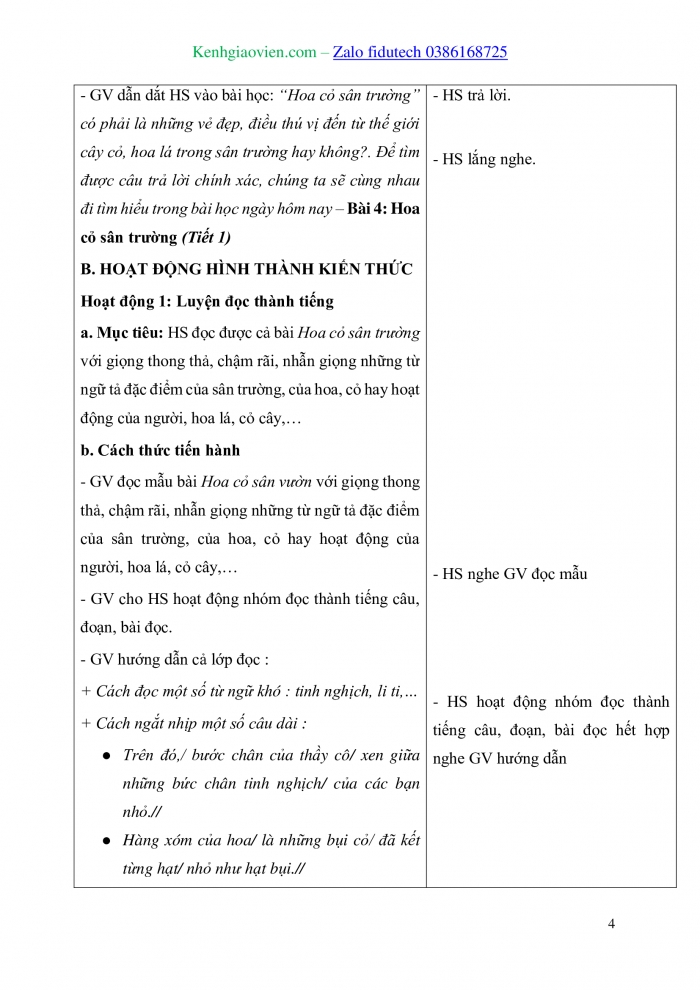 Giáo án và PPT Tiếng Việt 3 chân trời Bài 4: Hoa cỏ sân trường; Đọc - kể Cậu học sinh mới; Điền thông tin và tờ khai in sẵn