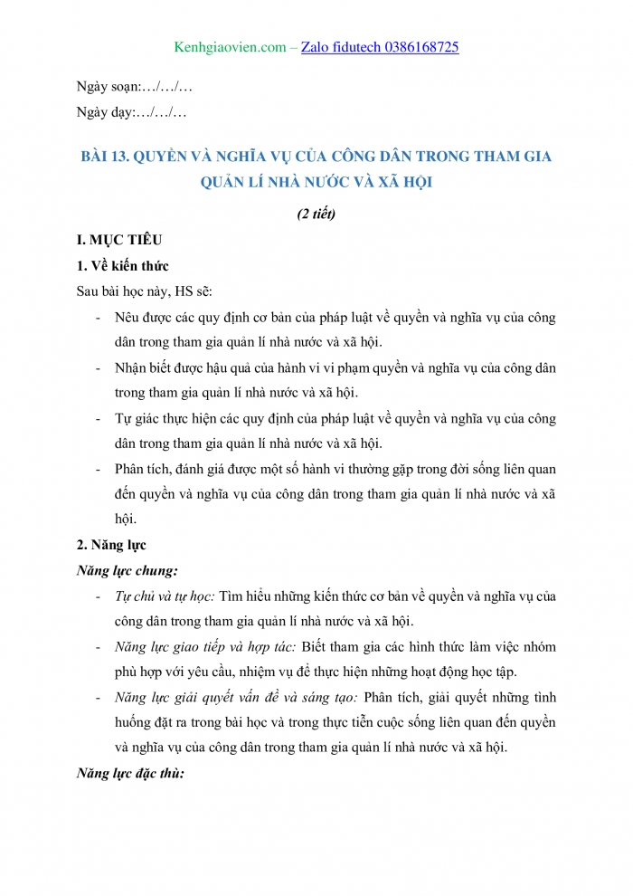 Giáo án và PPT Kinh tế pháp luật 11 kết nối Bài 13: Quyền và nghĩa vụ của công dân trong tham gia quản lí nhà nước và xã hội