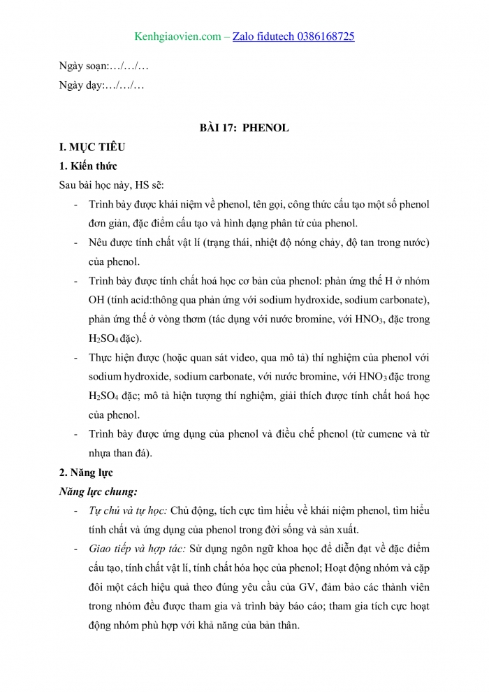 Giáo án và PPT Hoá học 11 chân trời Bài 17: Phenol