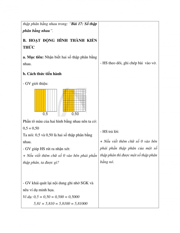Giáo án và PPT Toán 5 cánh diều bài 17: Số thập phân bằng nhau