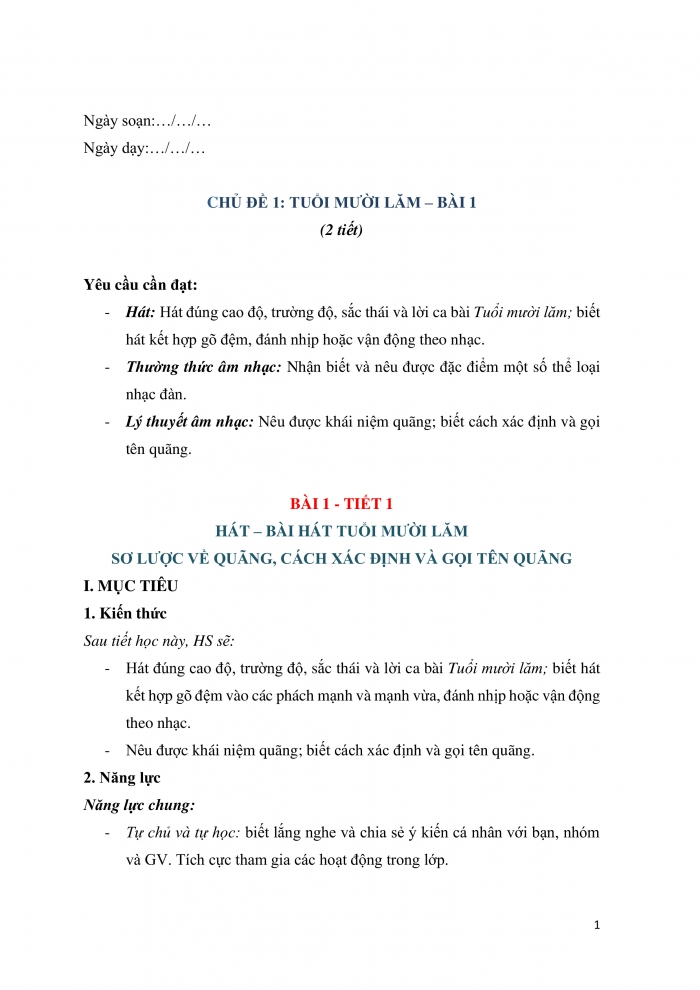 Giáo án và PPT Âm nhạc 9 cánh diều Bài 1 Tiết 1: Hát bài Tuổi mười lăm, Sơ lược về quãng, cách xác định và gọi tên quãng