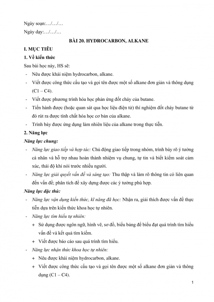 Giáo án và PPT KHTN 9 cánh diều Bài 20: Hydrocarbon, alkane
