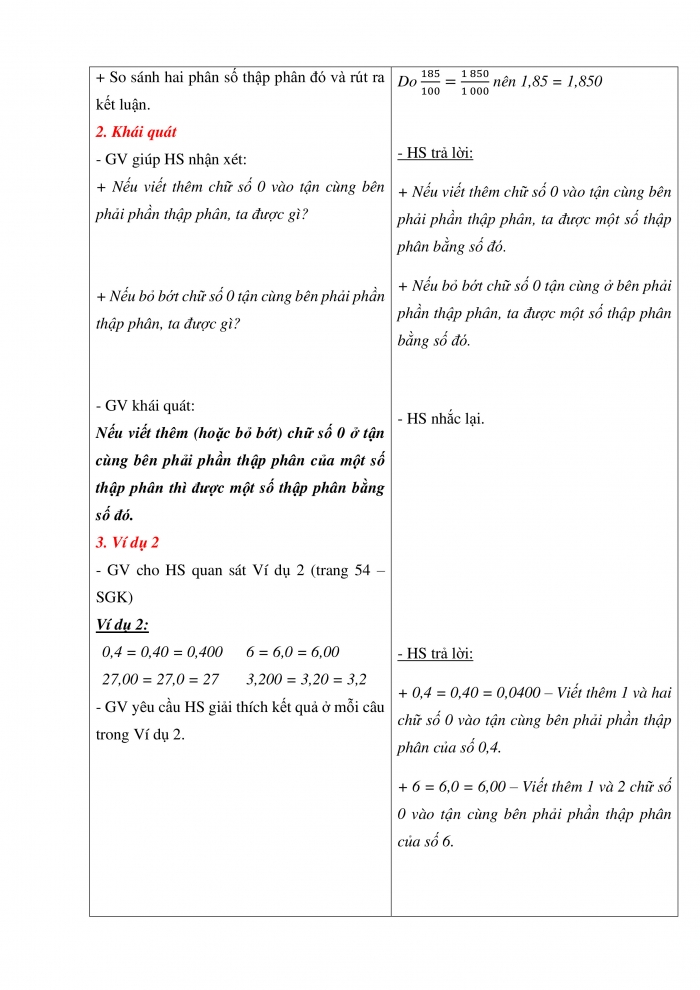 Giáo án và PPT Toán 5 Chân trời bài 20: Số thập phân bằng nhau