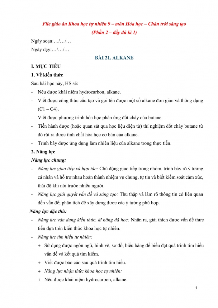 Giáo án và PPT KHTN 9 chân trời Bài 21: Alkane