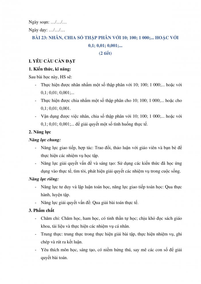 Giáo án và PPT Toán 5 Kết nối bài 23: Nhân, chia số thập phân với 10; 100; 1000;... hoặc với 0,1; 0,01; 0,001;...