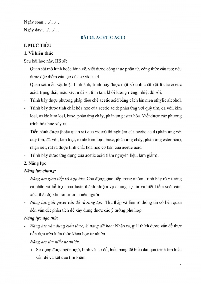 Giáo án và PPT KHTN 9 cánh diều Bài 24: Acetic acid
