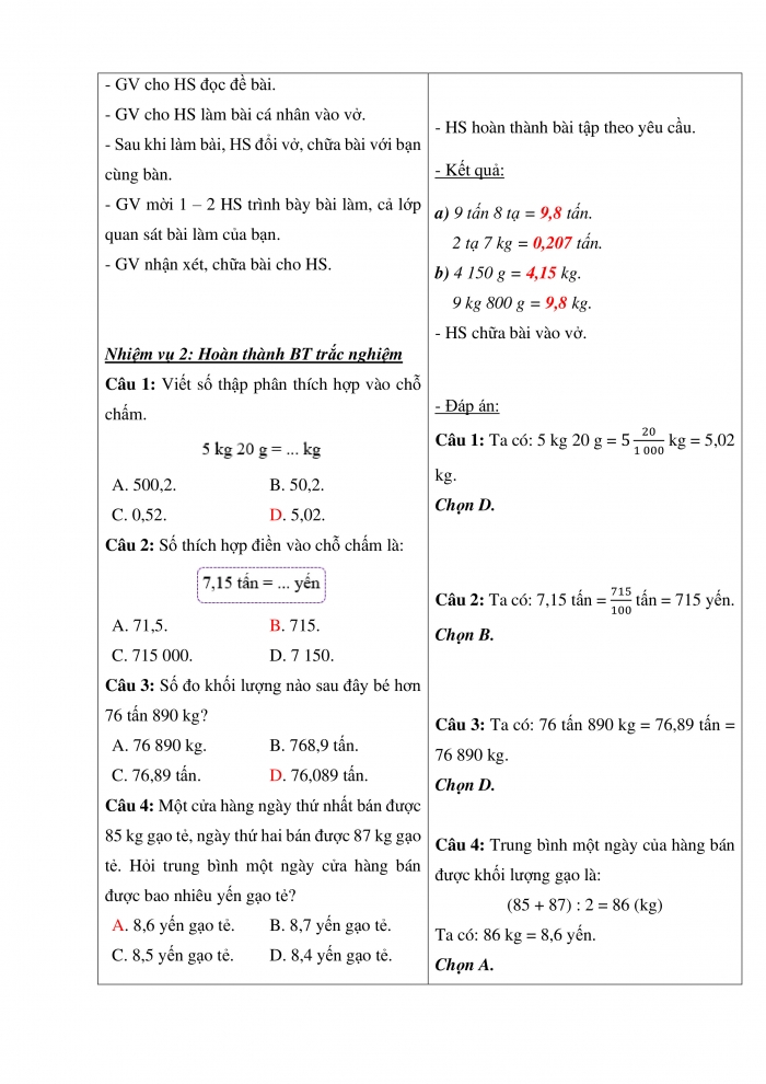 Giáo án và PPT Toán 5 Chân trời bài 25: Viết các số đo khối lượng dưới dạng số thập phân