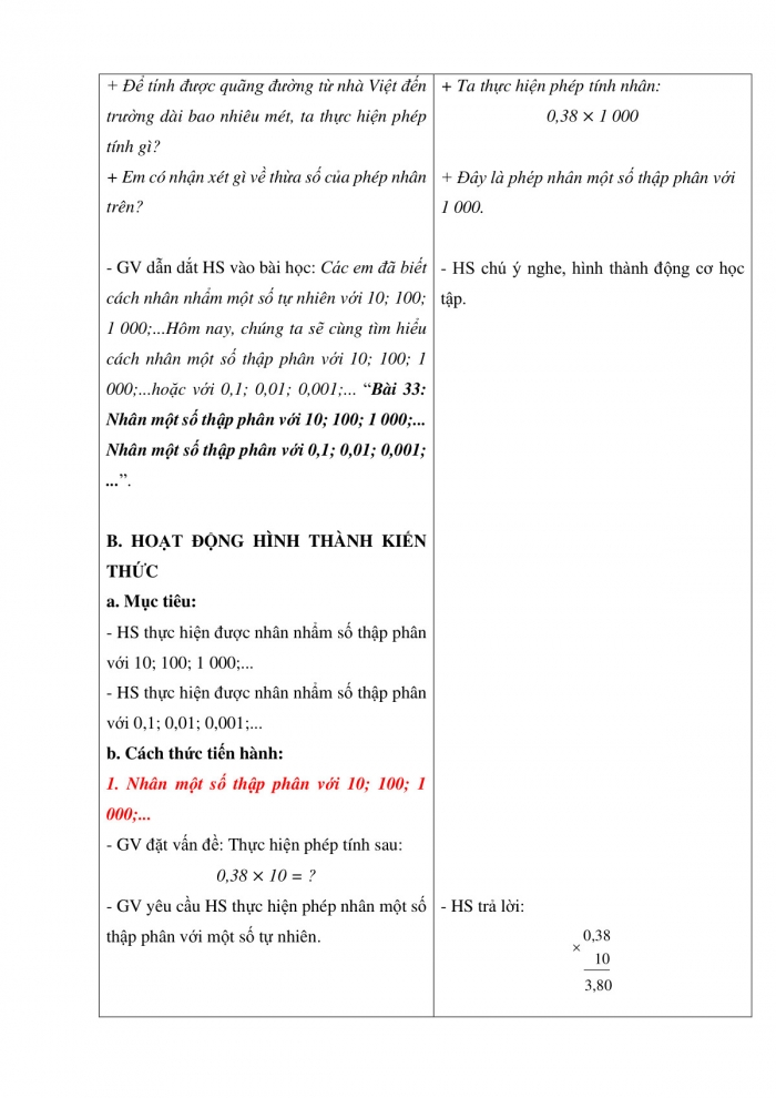 Giáo án và PPT Toán 5 Chân trời bài 33: Nhân một số thập phân với 10; 100; 1000;... Nhân một số thập phân với 0,1; 0,01; 0,001...