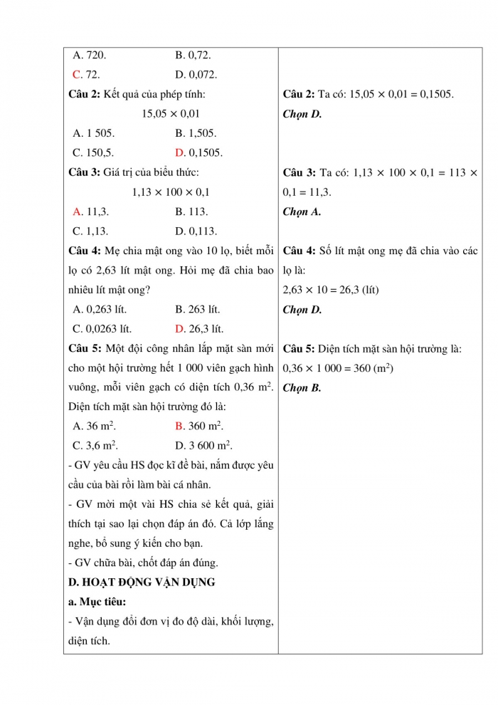 Giáo án và PPT Toán 5 Chân trời bài 33: Nhân một số thập phân với 10; 100; 1000;... Nhân một số thập phân với 0,1; 0,01; 0,001...