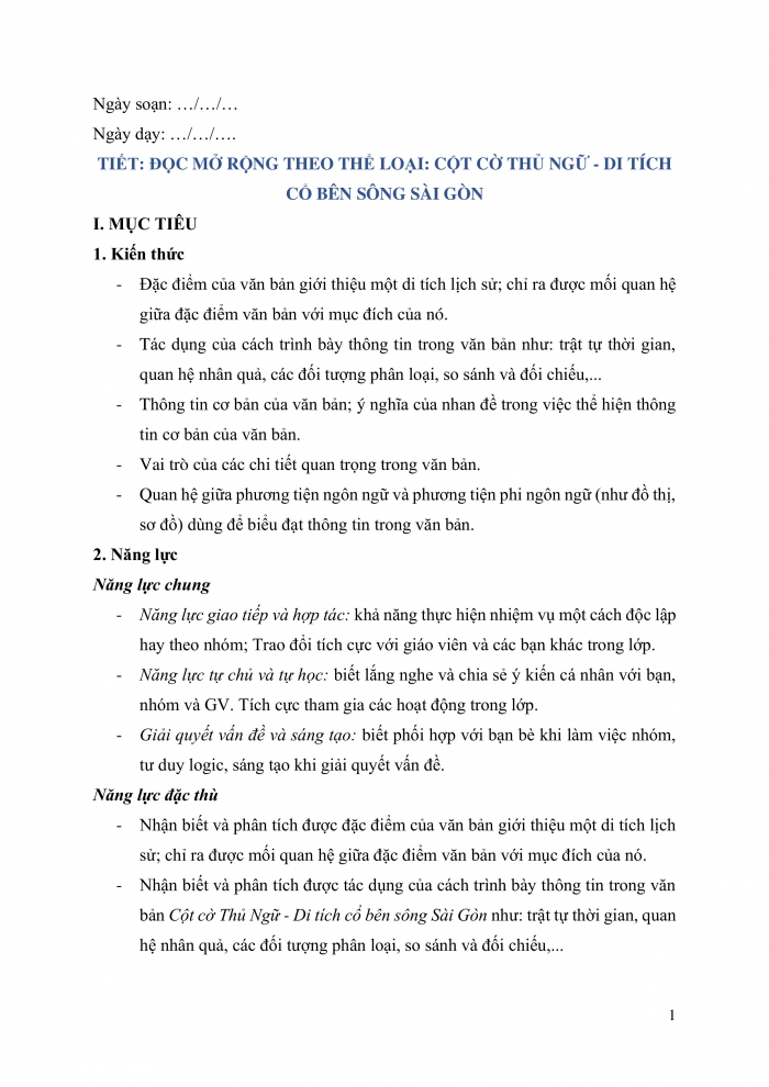 Giáo án và PPT Ngữ văn 9 chân trời bài 3: Cột cờ Thủ Ngữ - di tích cổ bên sông Sài Gòn (Theo Ngô Nam)