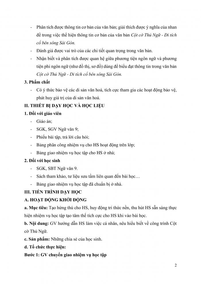 Giáo án và PPT Ngữ văn 9 chân trời bài 3: Cột cờ Thủ Ngữ - di tích cổ bên sông Sài Gòn (Theo Ngô Nam)