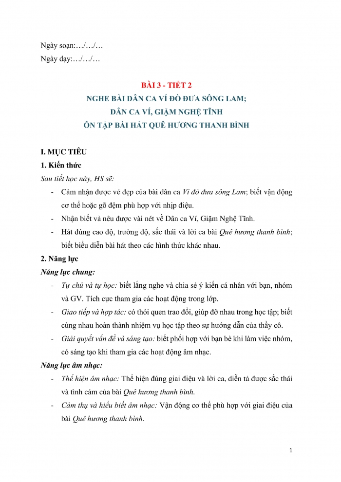 Giáo án và PPT Âm nhạc 9 cánh diều Bài 3 Tiết 2: Nghe bài dân ca Ví đò đưa sông Lam, Dân ca Ví, Giặm Nghệ Tĩnh, Ôn tập bài hát Quê hương thanh bình