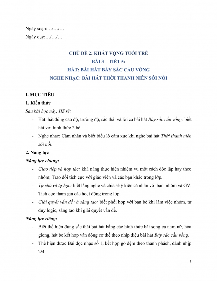 Giáo án và PPT Âm nhạc 9 kết nối Tiết 5: Hát Bài hát Bảy sắc cầu vồng, Nghe nhạc Bài hát Thời thanh niên sôi nổi