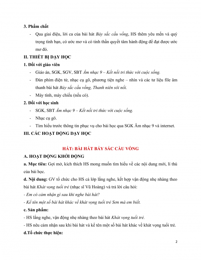 Giáo án và PPT Âm nhạc 9 kết nối Tiết 5: Hát Bài hát Bảy sắc cầu vồng, Nghe nhạc Bài hát Thời thanh niên sôi nổi