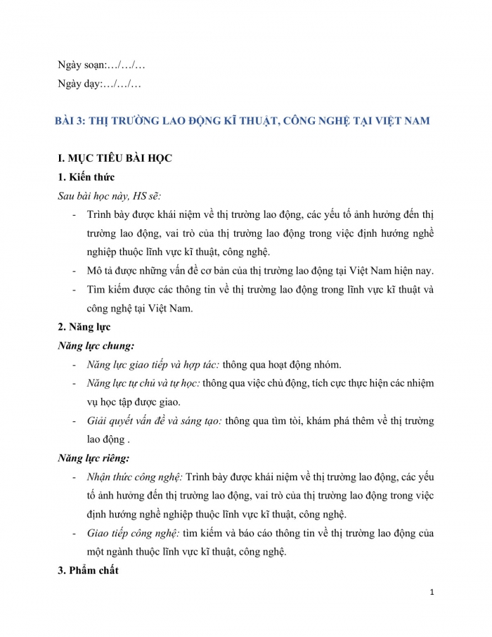 Giáo án và PPT Công nghệ 9 Định hướng nghề nghiệp Kết nối bài 3: Thị trường lao động kĩ thuật, công nghệ tại Việt Nam