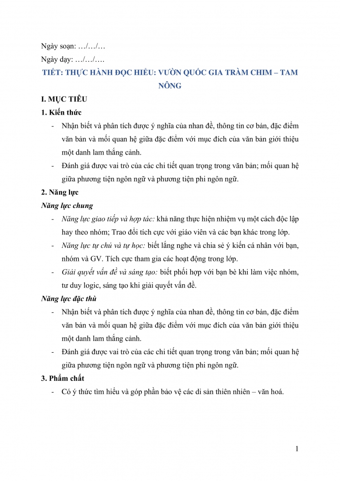 Giáo án và PPT Ngữ văn 9 cánh diều bài 3: Vườn quốc gia Tràm Chim – Tam Nông (Theo dulichviet.net.vn)