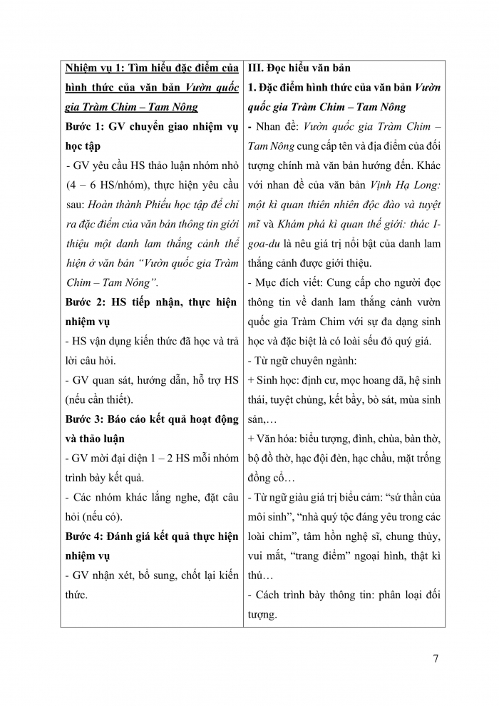 Giáo án và PPT Ngữ văn 9 cánh diều bài 3: Vườn quốc gia Tràm Chim – Tam Nông (Theo dulichviet.net.vn)