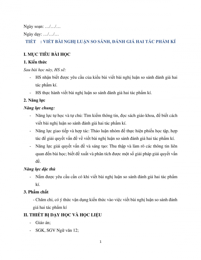 Giáo án và PPT Ngữ văn 12 cánh diều bài 3: Viết bài nghị luận so sánh, đánh giá hai tác phẩm kí