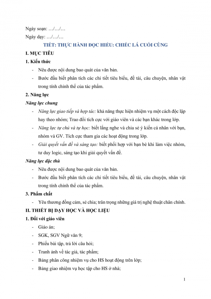 Giáo án và PPT Ngữ văn 9 cánh diều bài 4: Chiếc lá cuối cùng (O' Hen-ri)