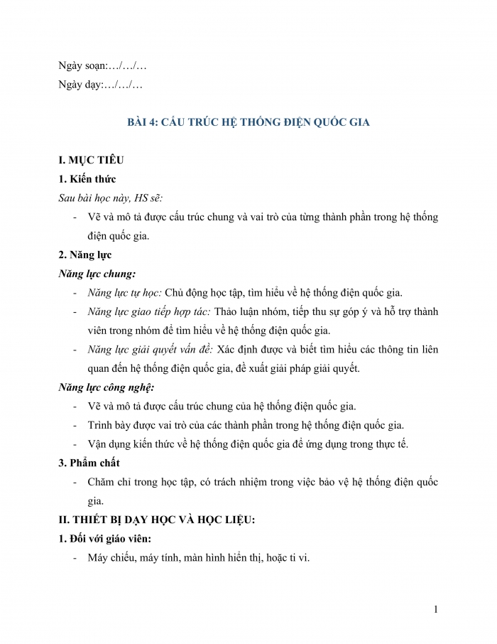 Giáo án và PPT công nghệ 12 điện - điện tử Cánh diều bài 4: Cấu trúc hệ thống điện quốc gia