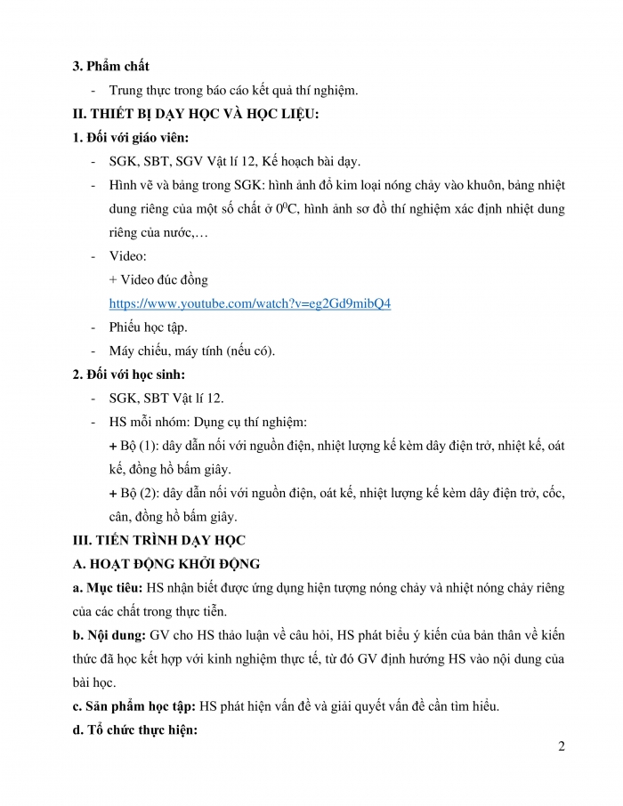 Giáo án và PPT Vật lí 12 cánh diều bài 4: Nhiệt dung riêng, nhiệt nóng chảy riêng, nhiệt hóa hơi riêng