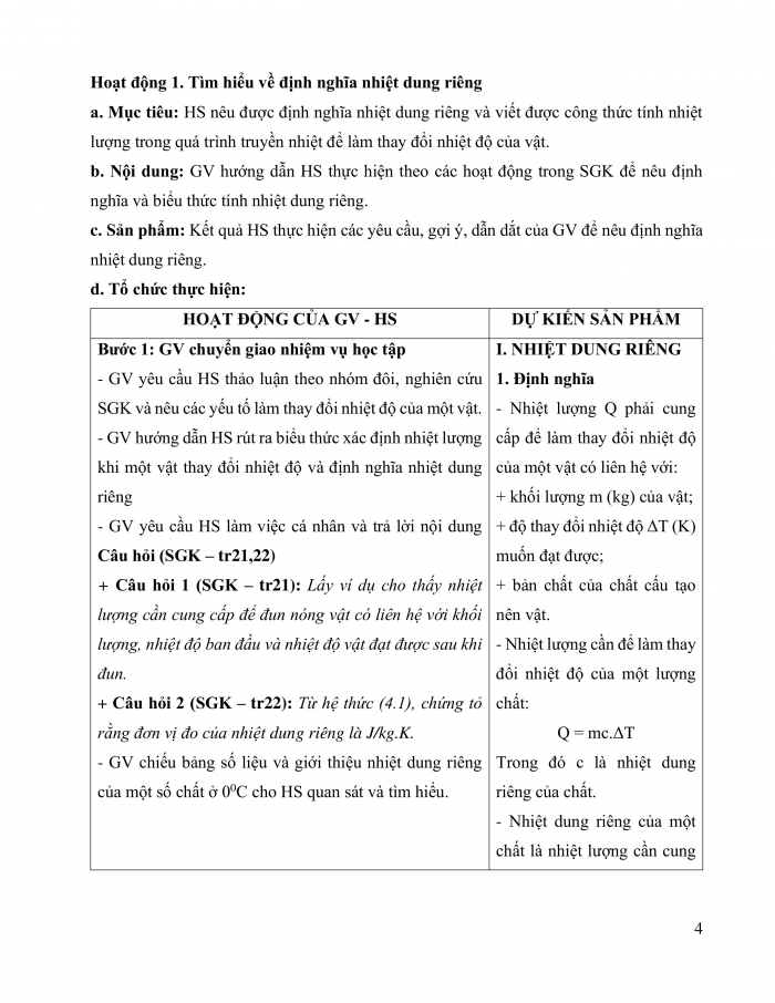 Giáo án và PPT Vật lí 12 cánh diều bài 4: Nhiệt dung riêng, nhiệt nóng chảy riêng, nhiệt hóa hơi riêng