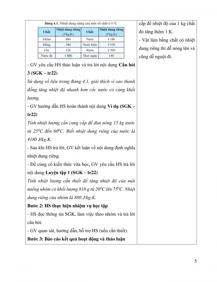 Giáo án và PPT Vật lí 12 cánh diều bài 4: Nhiệt dung riêng, nhiệt nóng chảy riêng, nhiệt hóa hơi riêng