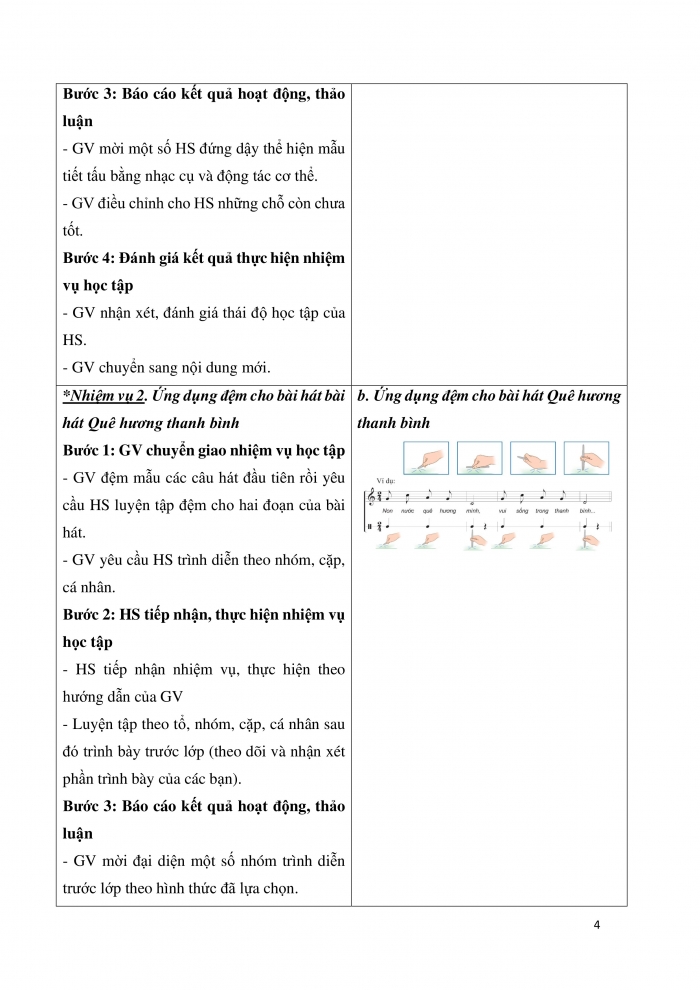 Giáo án và PPT Âm nhạc 9 cánh diều Bài 4 Tiết 2: Thể hiện tiết tấu, ứng dụng đệm cho bài hát Quê hương thanh bình, Ôn tập Bài hoà tấu số 2, Trải nghiệm và khám phá Thể hiện mẫu tiết tấu bằng một cây bút