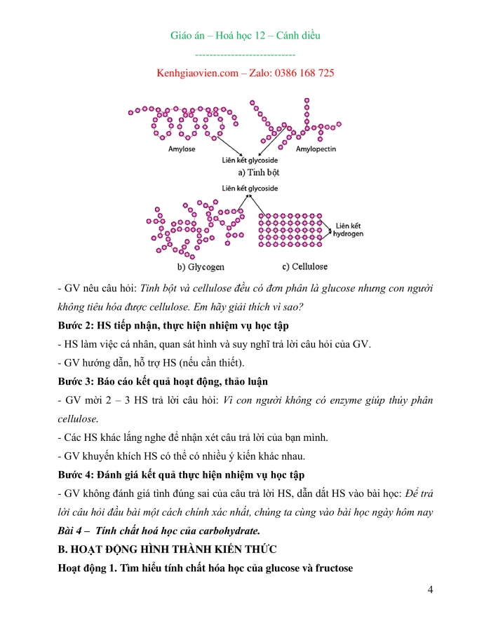 Giáo án và PPT Hóa học 12 cánh diều bài 4: Tính chất hóa học của carbohydrate