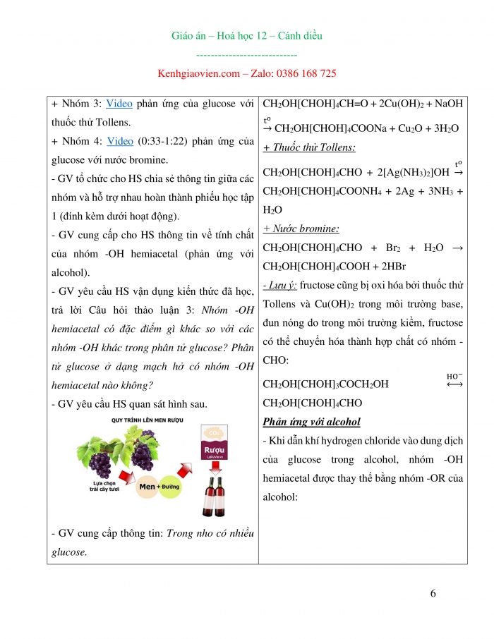 Giáo án và PPT Hóa học 12 cánh diều bài 4: Tính chất hóa học của carbohydrate