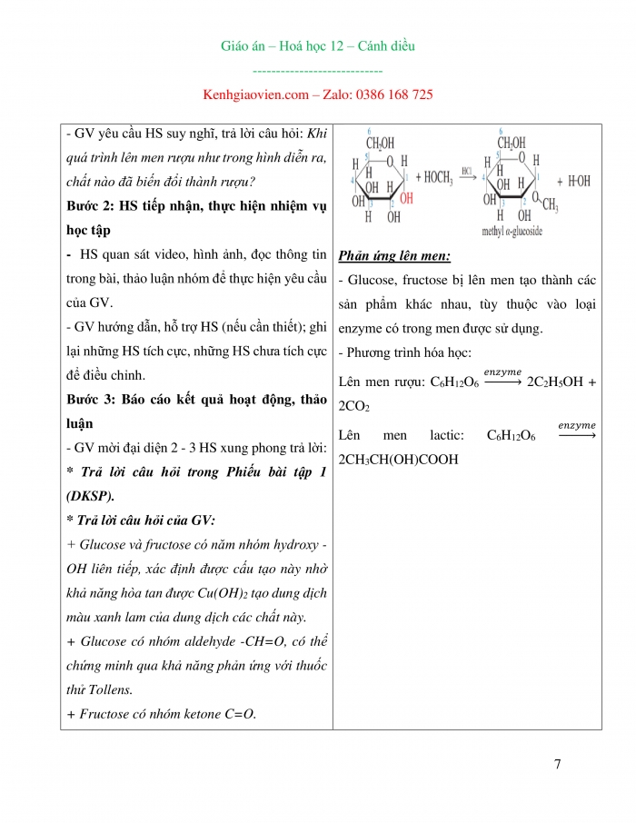 Giáo án và PPT Hóa học 12 cánh diều bài 4: Tính chất hóa học của carbohydrate