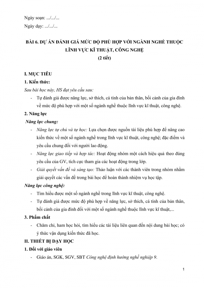 Giáo án và PPT công nghệ 9 định hướng nghề nghiệp Cánh diều bài 6: Dự án Đánh giá mức độ phù hợp với ngành nghề thuộc lĩnh vực kĩ thuật, công nghệ