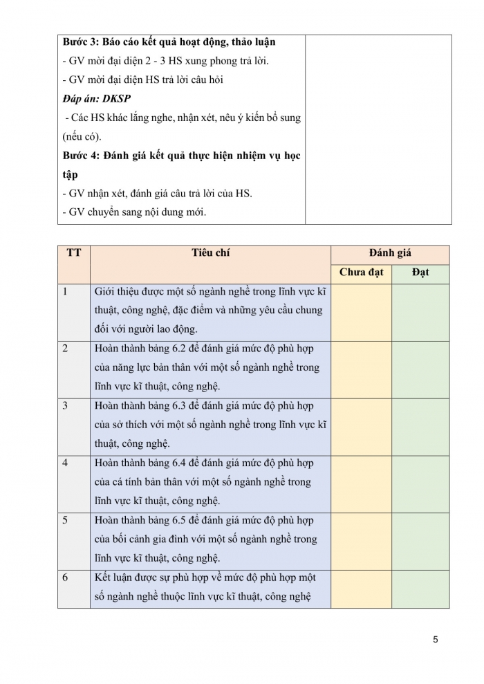 Giáo án và PPT công nghệ 9 định hướng nghề nghiệp Cánh diều bài 6: Dự án Đánh giá mức độ phù hợp với ngành nghề thuộc lĩnh vực kĩ thuật, công nghệ