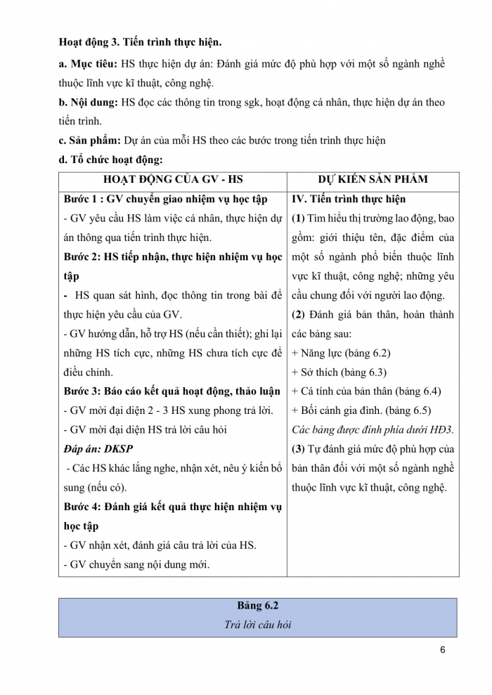 Giáo án và PPT công nghệ 9 định hướng nghề nghiệp Cánh diều bài 6: Dự án Đánh giá mức độ phù hợp với ngành nghề thuộc lĩnh vực kĩ thuật, công nghệ